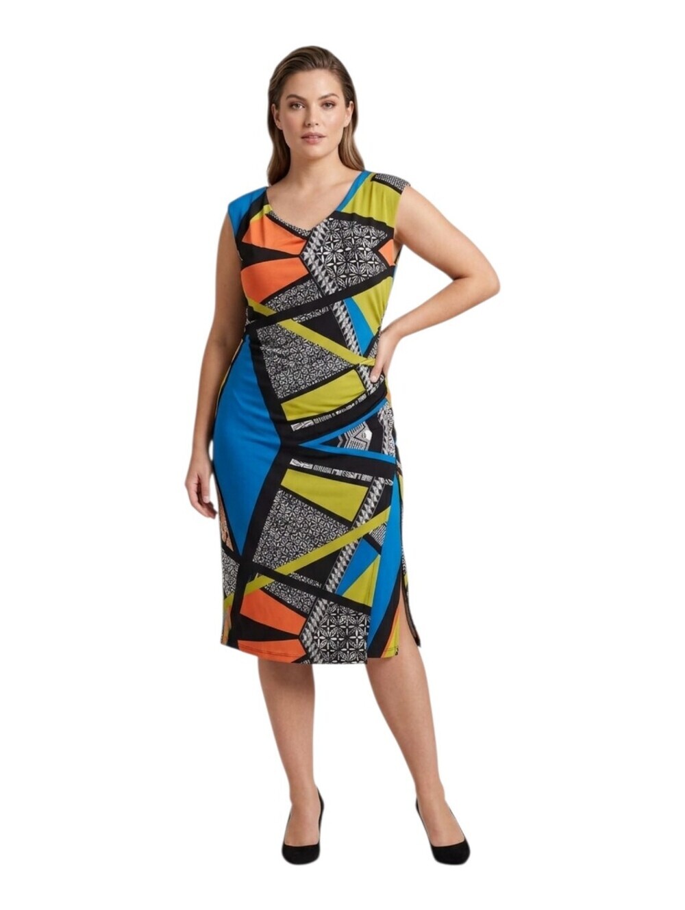 Cleo Business Casual Geometric Color Block Midi Dress Blue Orange Green Size 14